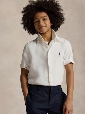 Polo by Ralph Lauren White Short-Sleeve Button-Down linen Shirt with Navy Pony